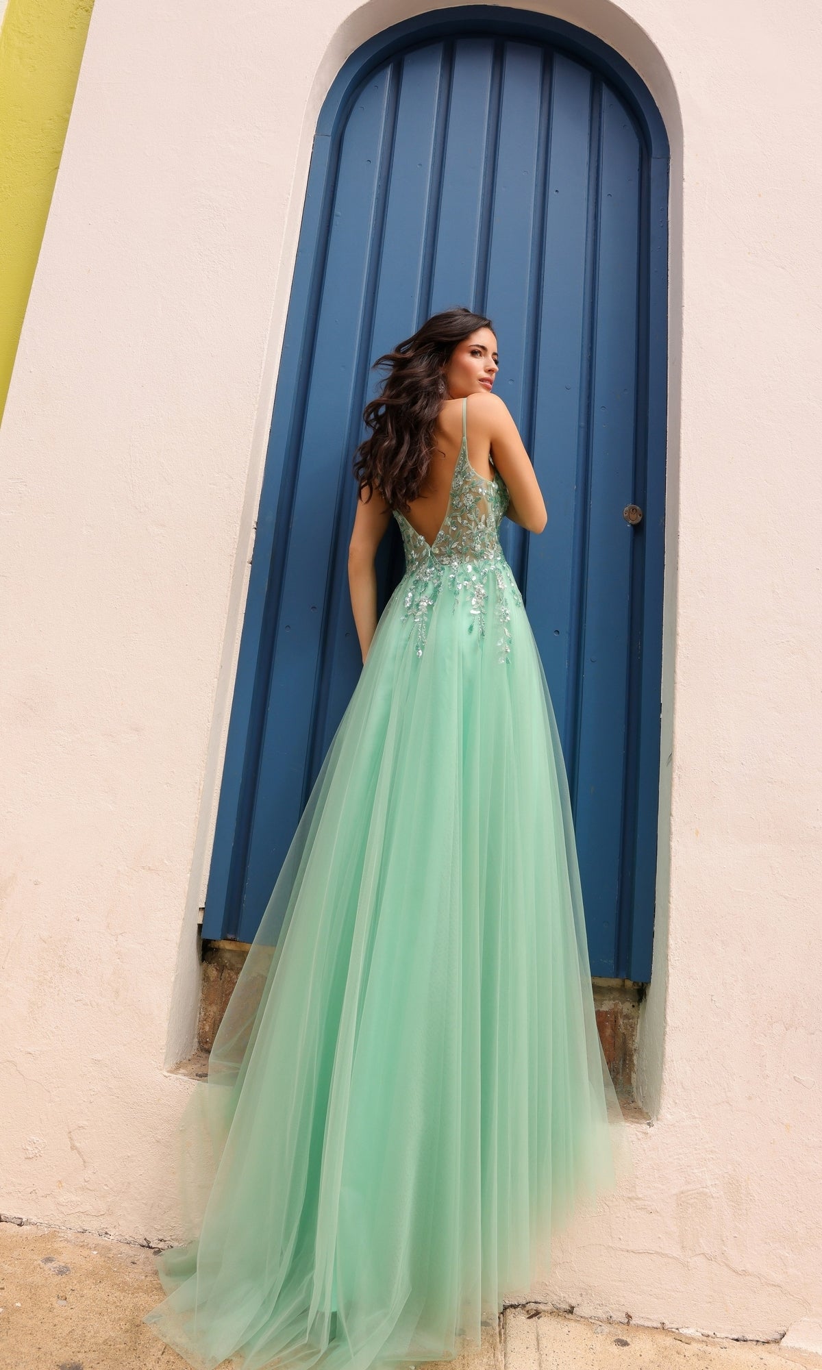 A woman in the Deep V-Back Long Tulle A-Line Prom Dress Q1391, featuring embroidered flowers, stands facing away from the camera before a tall arched blue door.